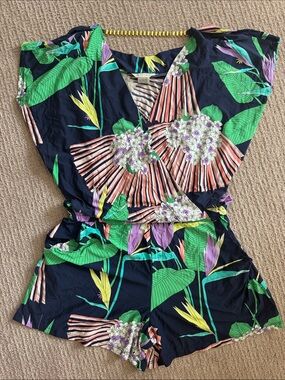Trina Turk Navy Tropical Floral Girls' Romper with Green & Pink Accents